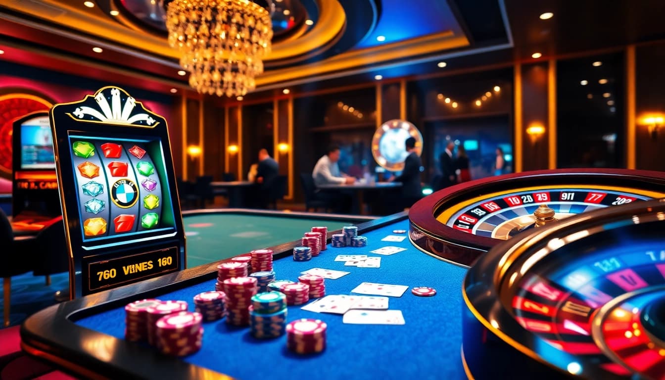 Bmw777 Daftar casino table scene featuring vibrant slot machines and poker action.