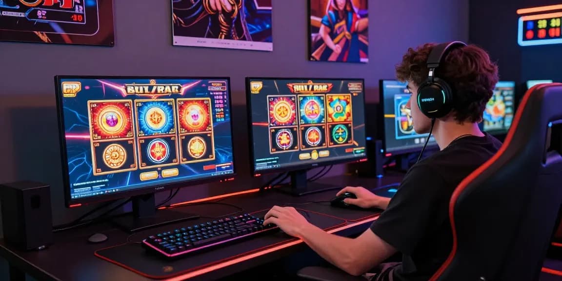 Exciting online gaming setup featuring slot deposit 5000 games on dual monitors with vibrant graphics and immersive gaming accessories.