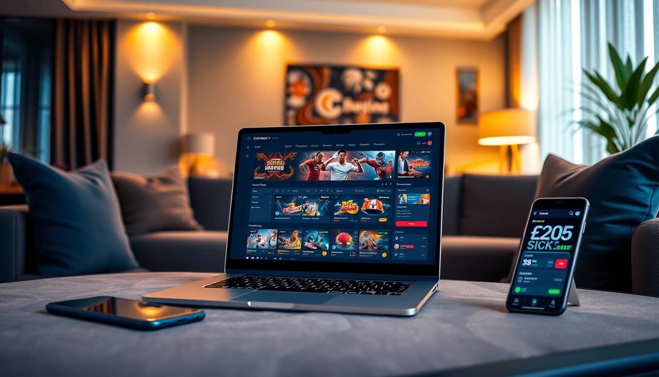 Visual of an upscale online gaming interface from https://onew88.com/ on a laptop in a modern living room.