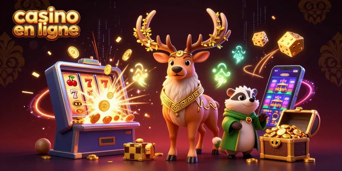 Découvrez casino en ligne avec un druid stag fantastique et un blaireau sage entourés de machines à sous étincelantes.
