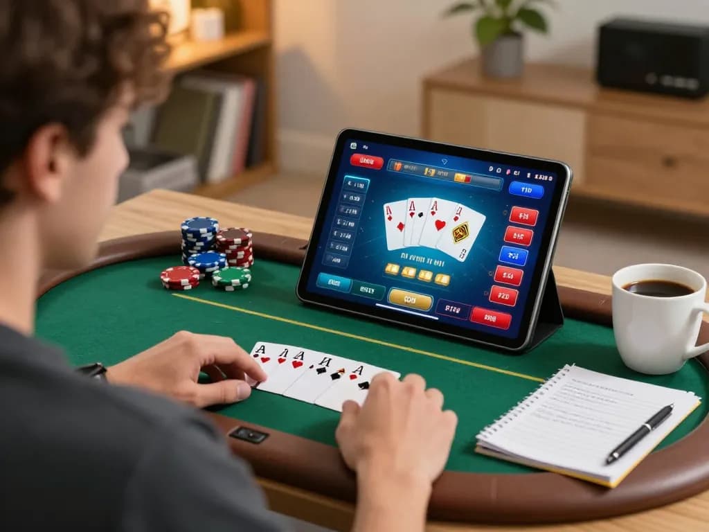 RR88 player strategizing with poker game on tablet in cozy home setting