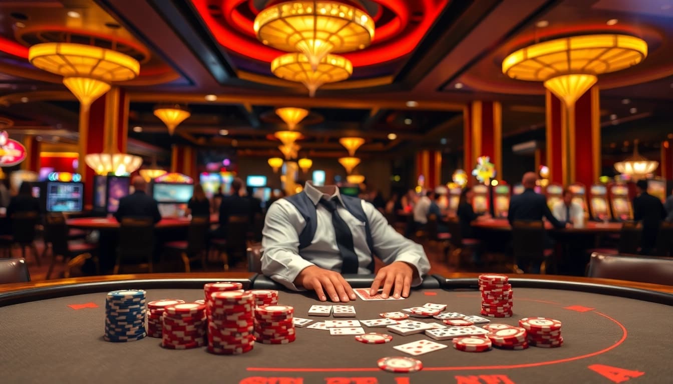 Permainan pg bet dengan dealer profesional di meja poker di kasino yang ramai.