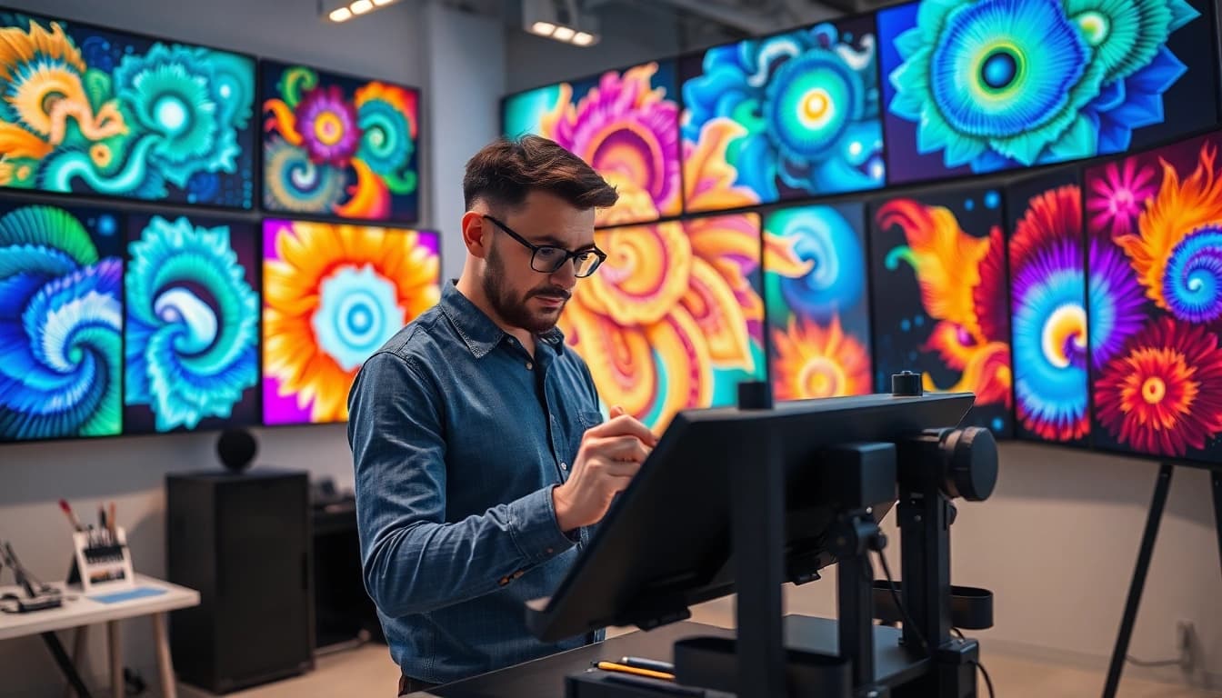 Create stunning visuals with an advanced image generator showcased in a vibrant artist's studio.
