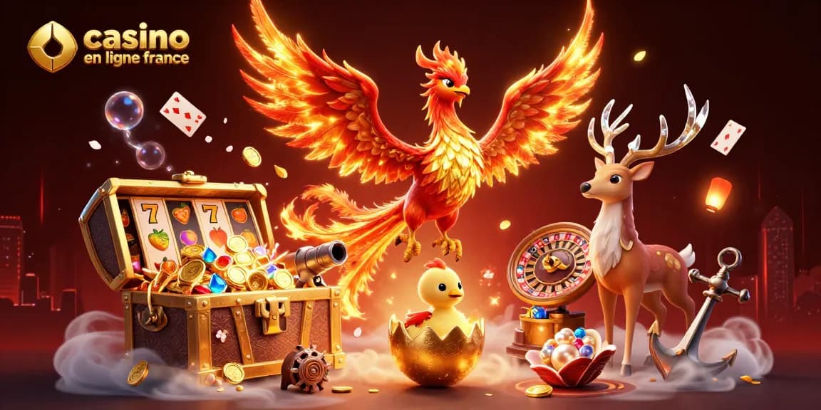 Illustration 3D de phoenix flamboyant et stag mystique capturant l'essence du casino en ligne France.