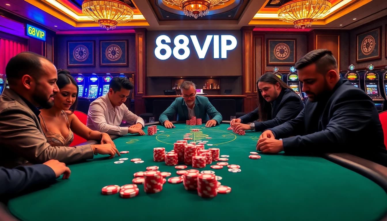 Exciting poker game scene at 68VIP Casino showcasing vibrant atmosphere and high-stakes play.