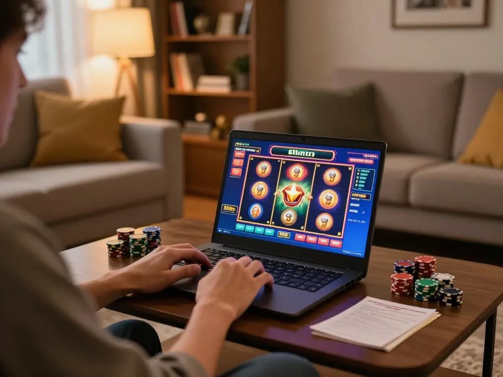 A person mastering 9bet games on a laptop in a cozy home setting, showcasing strategic gameplay.