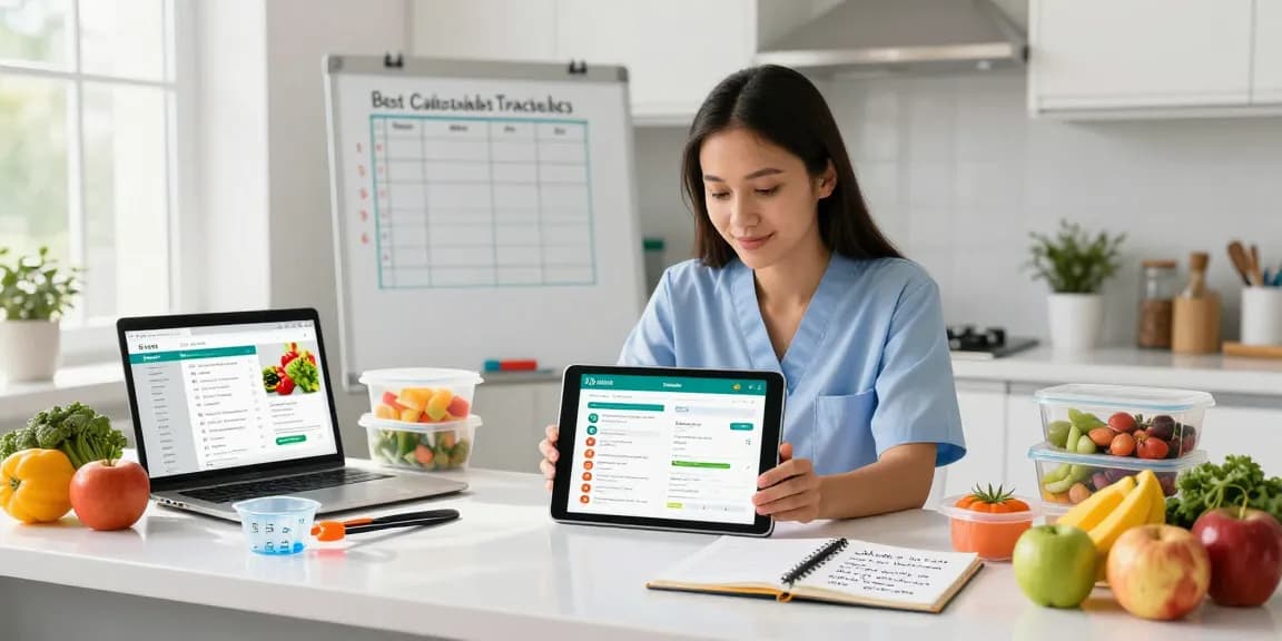 The best calorie tracking app rankings illustrated in a bright kitchen with fresh ingredients.