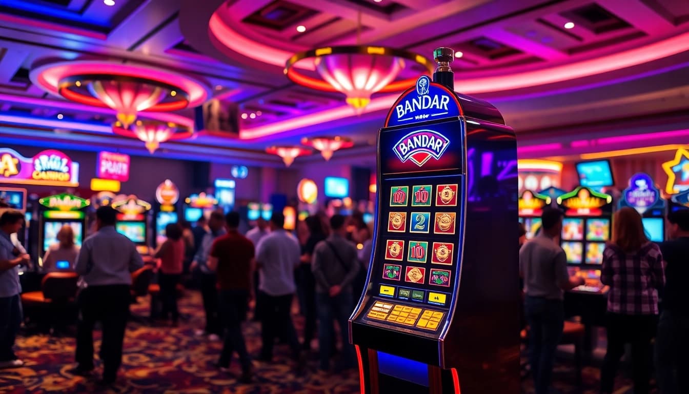 Permainan bandar slot yang menarik dengan mesin slot berwarna-warni dan pemain yang antusias.