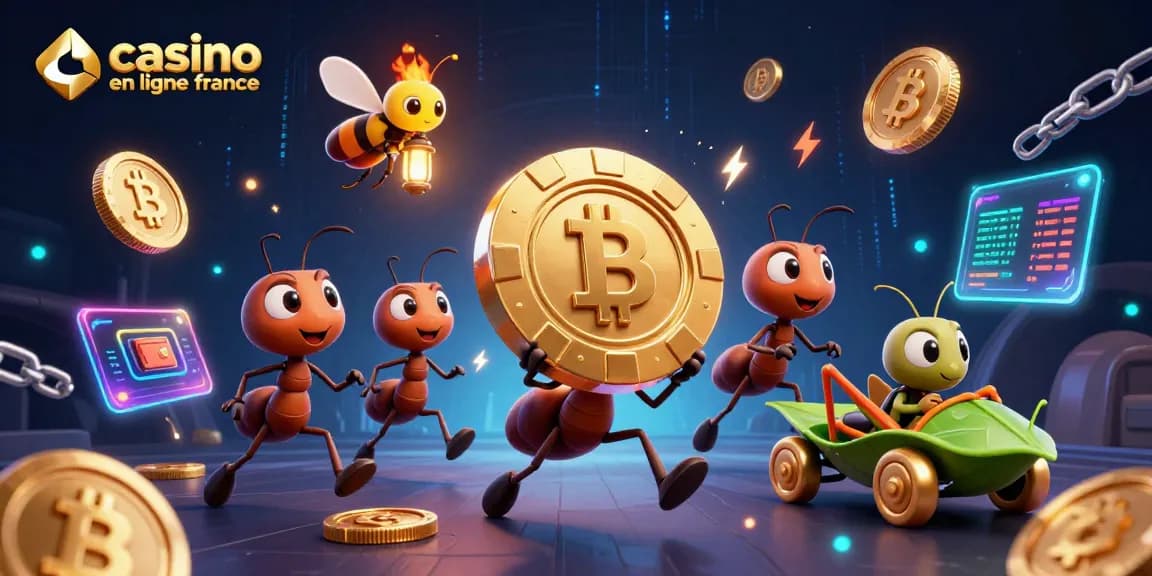 Des fourmis transportant une énorme puce de poker, illustrant un casino en ligne France.