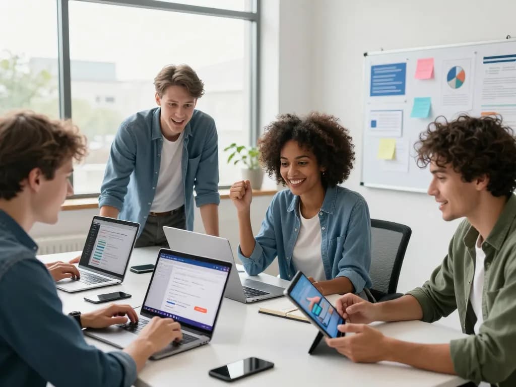 Dynamic team creating websites with AI no code developer tools in a modern workspace