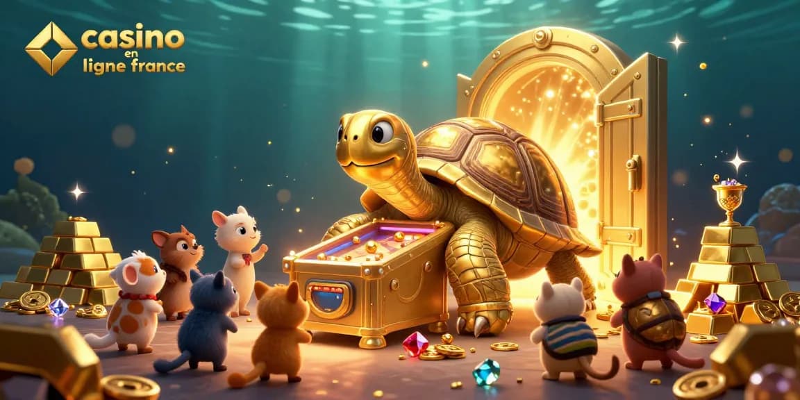 Les jeux dans un casino en ligne France avec une tortue géante, la lumière dorée et des trésors autour.