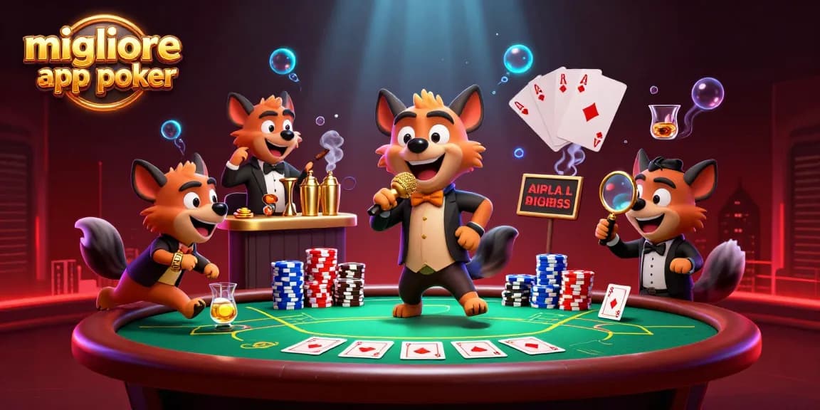 Scopri la migliore app poker con una vivace illustrata di hyena in un casinò che gioca a poker.