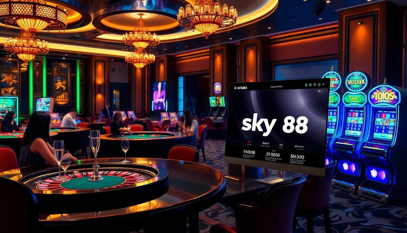 Exciting casino scene featuring poker, roulette, and slot machines from https://sky88sa.com/ attracting diverse gamblers.