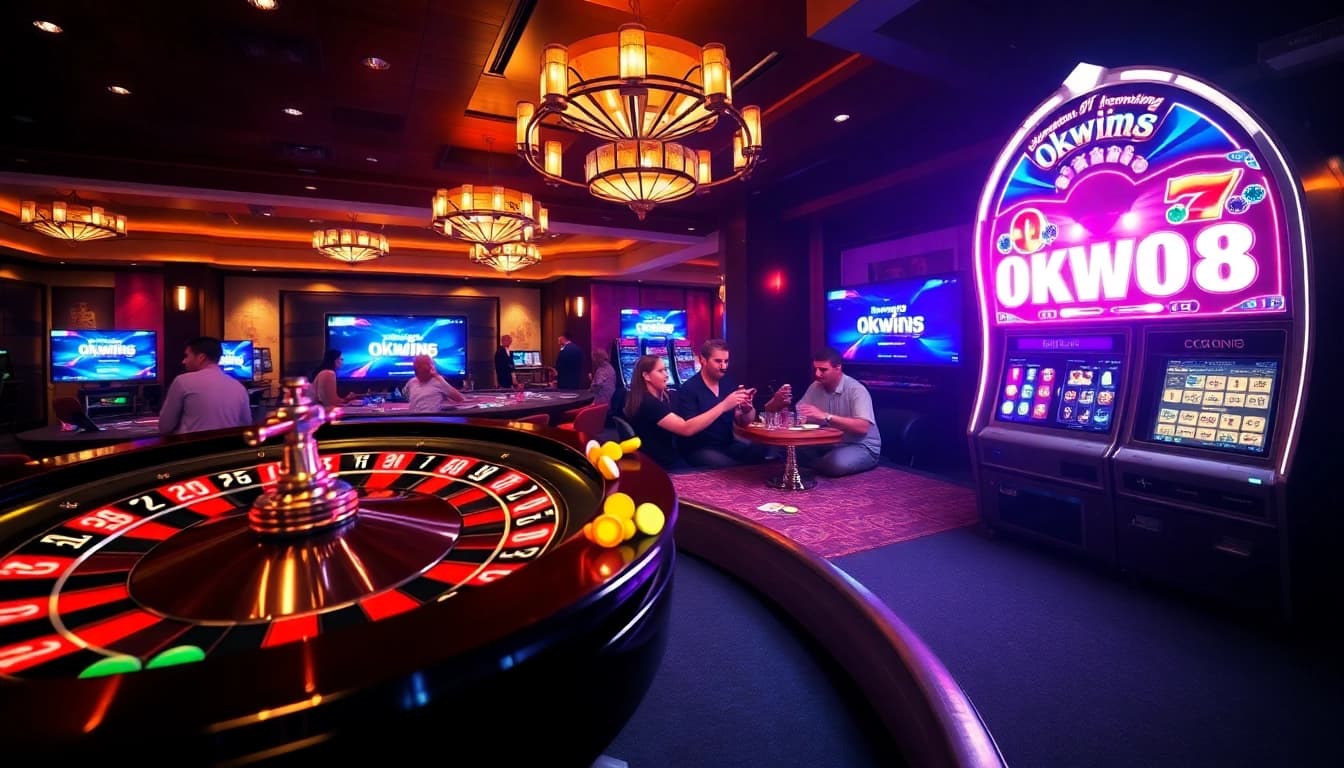 Exciting casino setting at https://okwin68.net/ with roulette wheel, poker action, and jackpot slot.