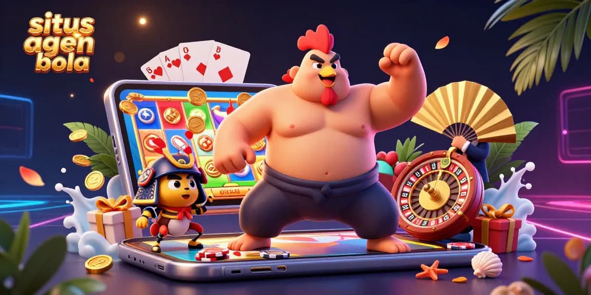 Situs agen bola showcases an exciting scene with a powerful rooster and fierce cricket in a vibrant casino setting.