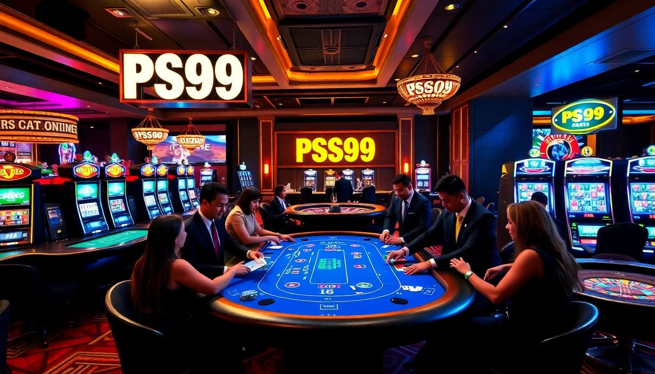 Engaging players at PS99 casino table with colorful chips and vibrant slot machines.