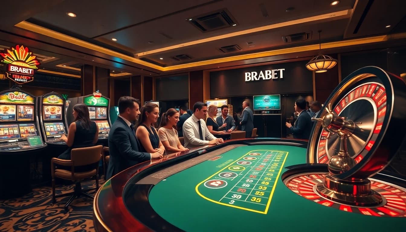 Experience the excitement of BRABET with modern casino tables and vibrant slot machines.