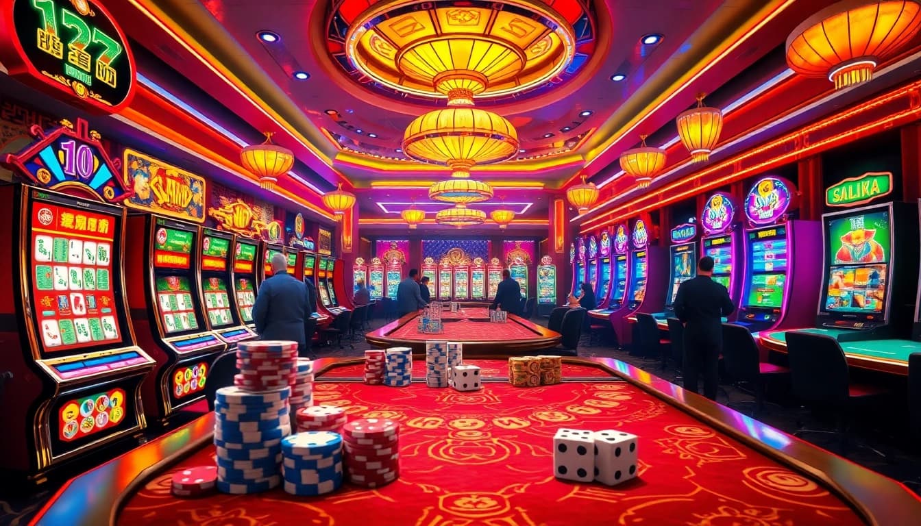 Engaging players enjoy mahjong ways 2 slot machines in a luxurious casino setting.