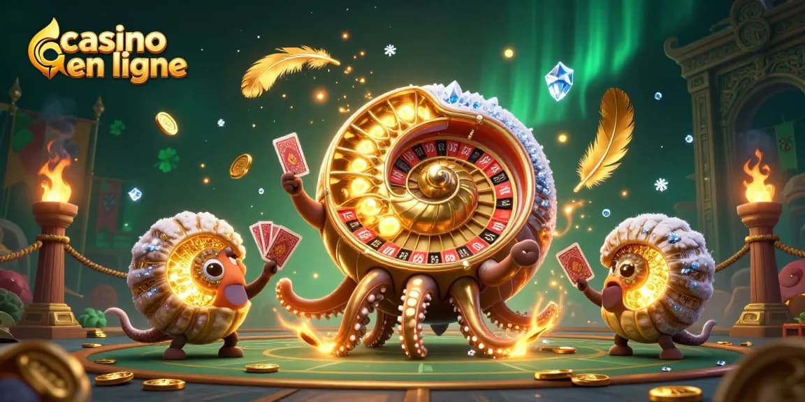 Jouez au casino en ligne avec ce visuel captivant, incluant un nautilus géant en 3D en forme de roue de roulette.