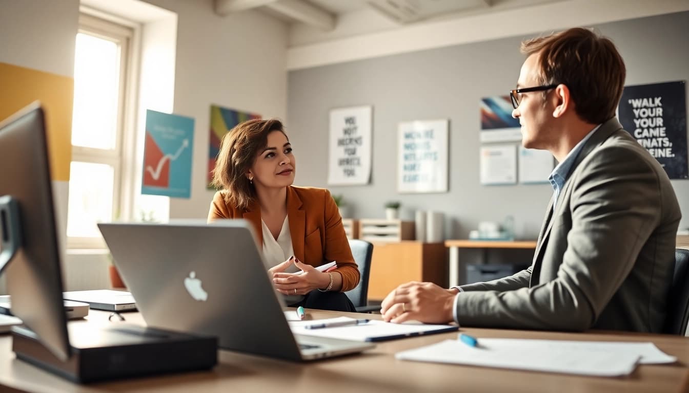 Career coaching session with a professional coach and client in a bright office.