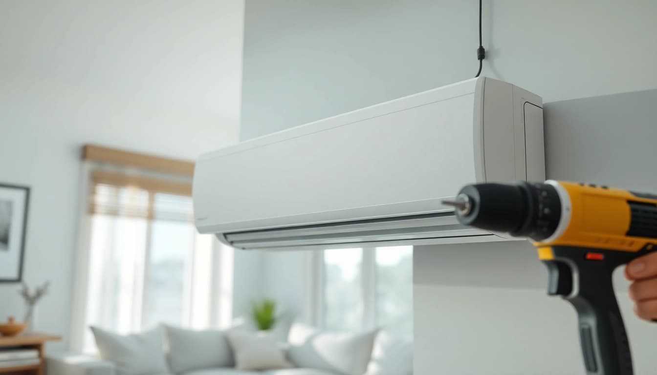 Efficient installation of mini split ac in a stylish living area with natural light.