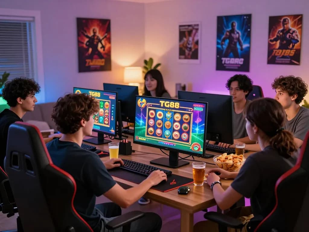 Friends enjoying a live casino game at home, featuring TG88 online gaming excitement.
