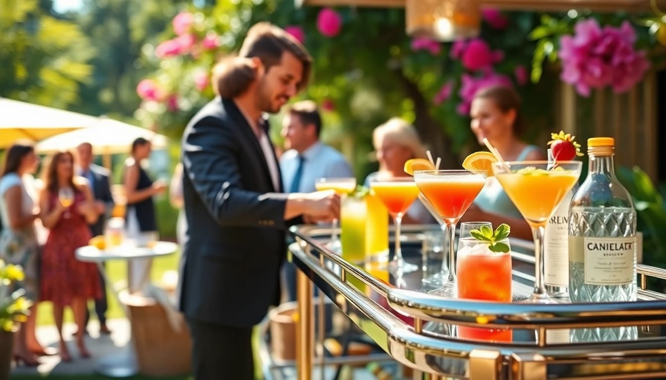 Guests enjoying a mobile bar service at a lively garden party with colorful cocktails.