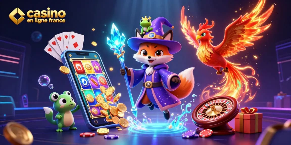 Plongez dans l'univers du casino en ligne France avec ce visuel captivant regroupant un sorcier, un phénix, et une grenouille magique.