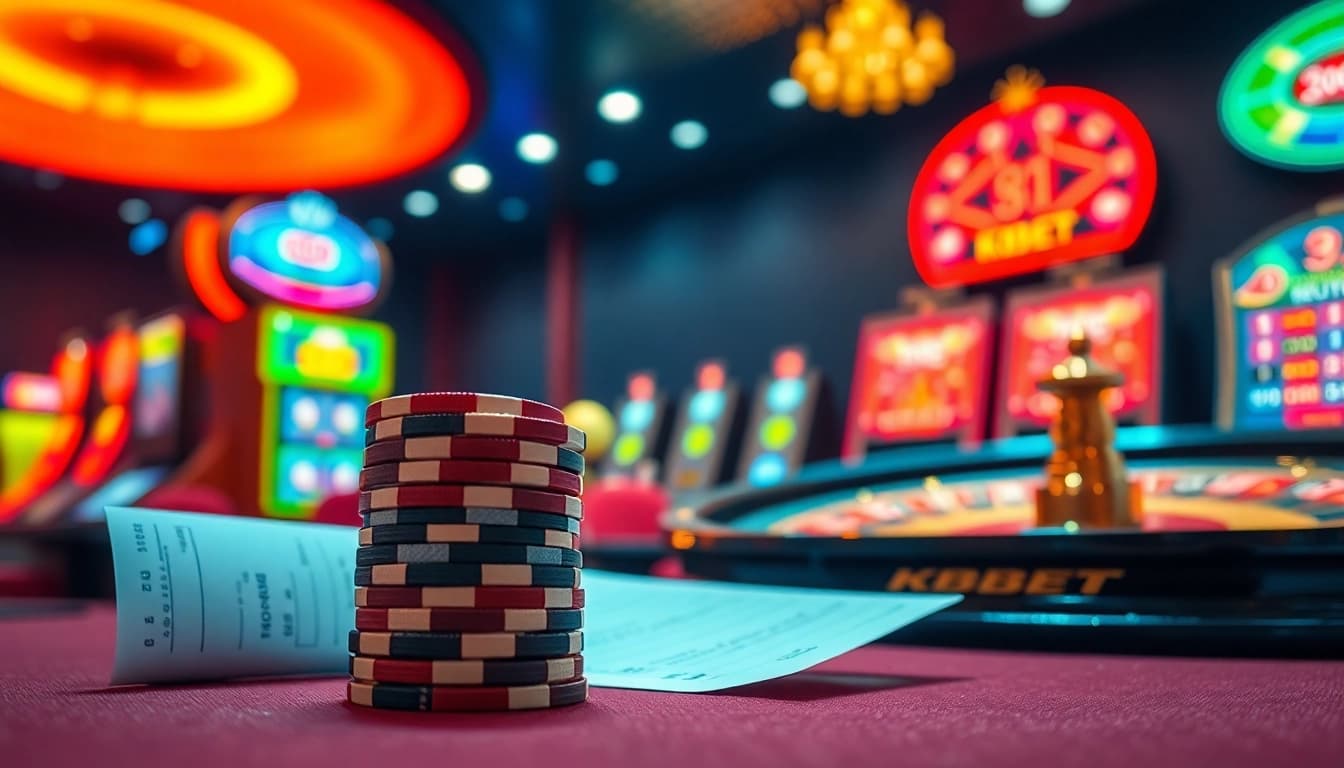 KBBET online casino scene with vibrant tables, poker chips, and a roulette wheel creating an exciting gambling atmosphere.