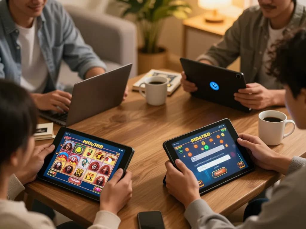 Engaging players accessing mdg188 login on tablets during home gaming session.