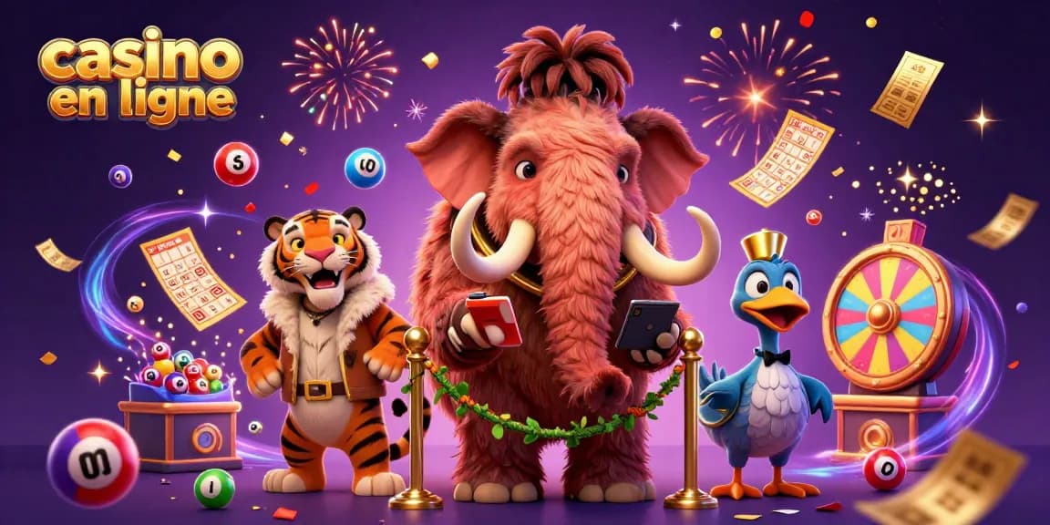 Jouez aux jeux de casino en ligne avec des personnages colorés et animés dans une scène festive