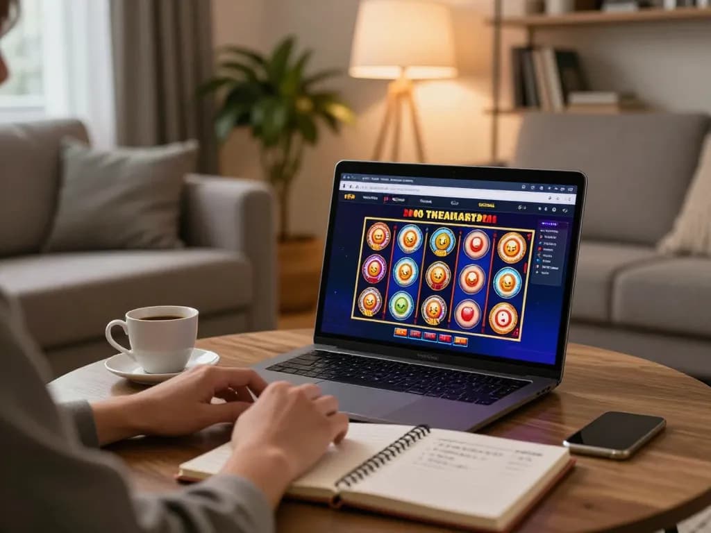 Player engaged on sites not on gamstop, enjoying online slots in a cozy living room setting.