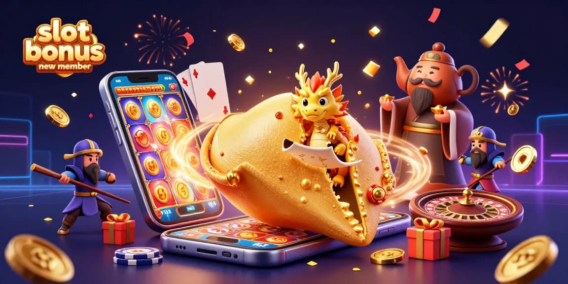 Engage with the slot bonus new member opportunity featuring a vibrant and dynamic 3D casino scene.