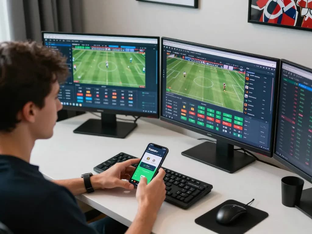 Person engaging with the fabet sports betting app while analyzing live betting odds on multiple screens
