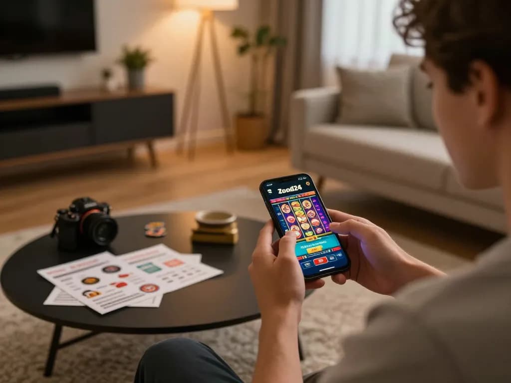 Engage in เล่นzood24 with a smartphone in a stylish home gaming area, showcasing an online casino experience.