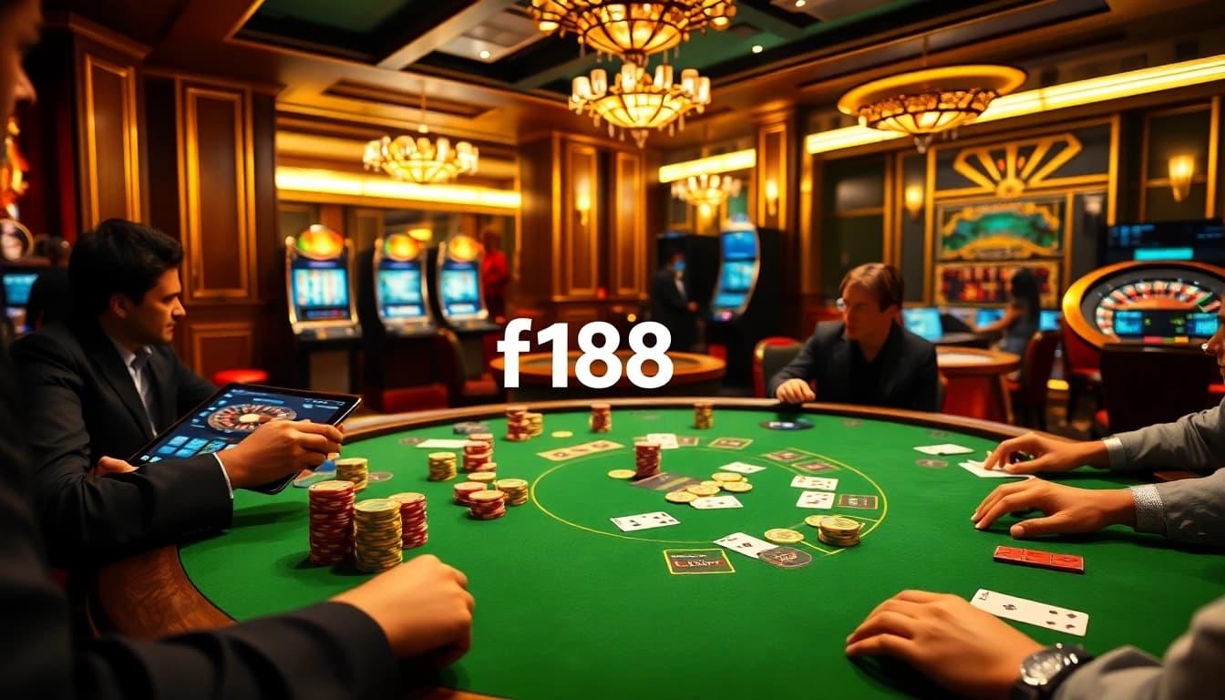 The excitement of gambling at F168, showcasing poker tables and slot machines in a luxurious casino atmosphere.