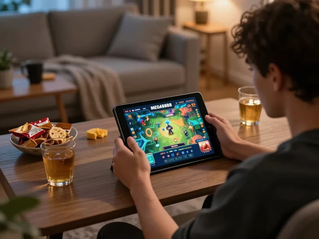 Engaging in MEGA888 gameplay on a tablet in a cozy home environment.
