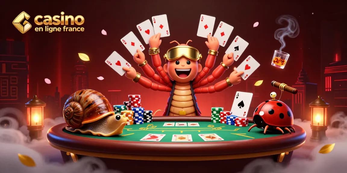 Illustration d'un casino en ligne France avec un croupier millipède et des éléments de poker