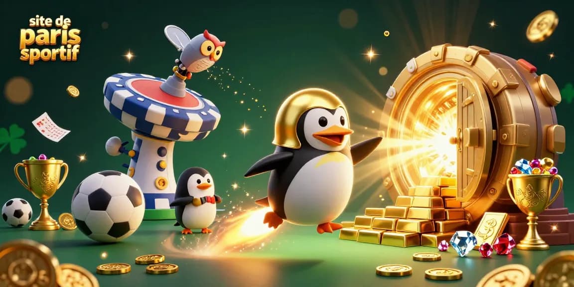 Le site de paris sportif accueille une illustration dynamique avec un pingouin doré propulsé par une fusée, des ballons de sport et des trophées scintillants.
