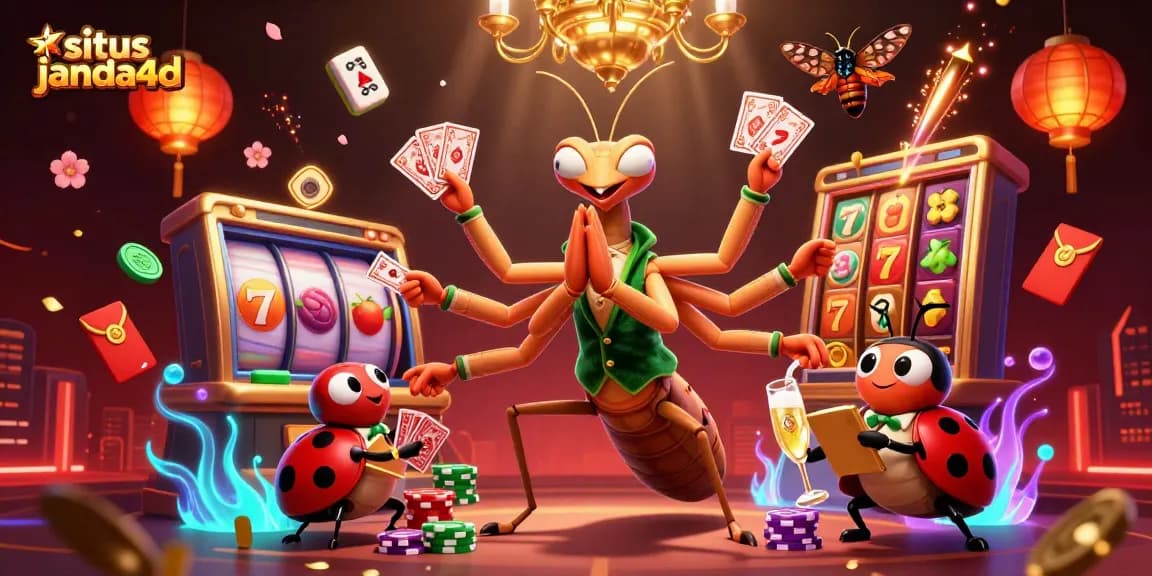 Merayakan kemenangan di situs janda4d dengan karakter kasino 3D yang ceria dan elemen permainan yang ramai.