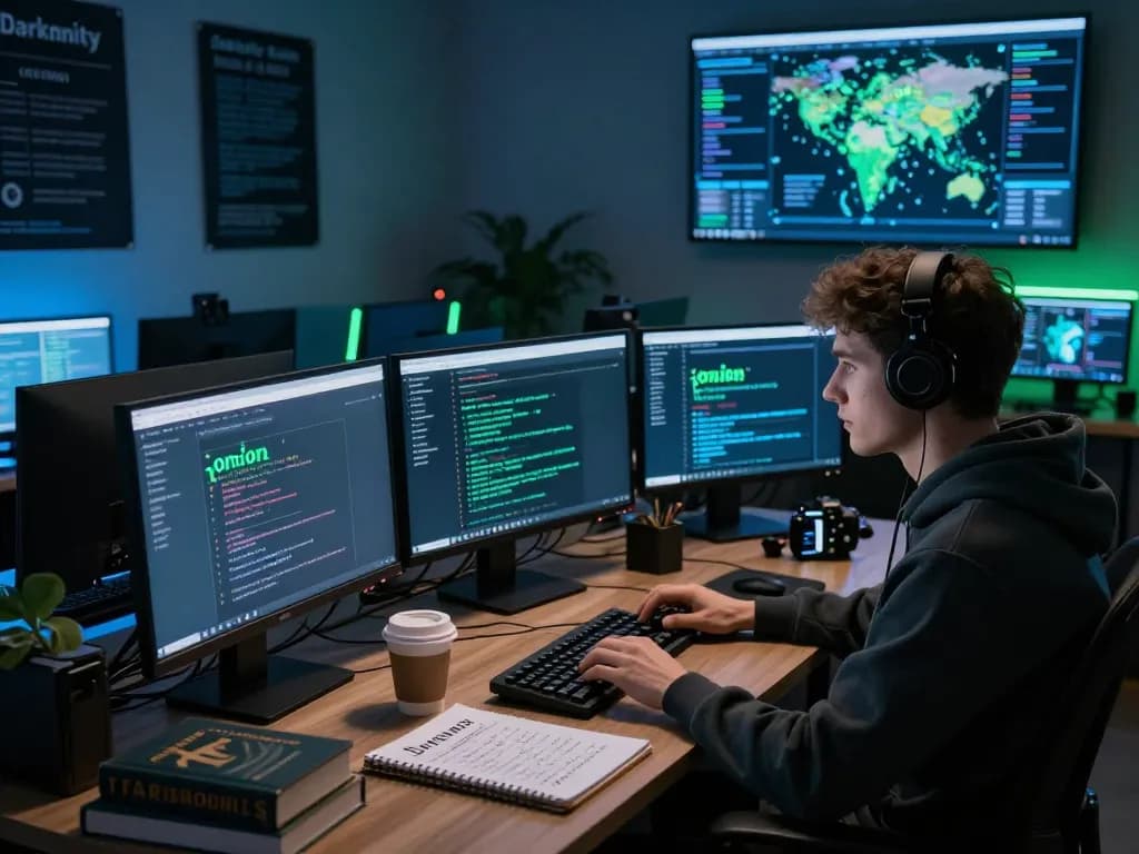 Focused individual exploring hidden wiki content on dark web in a tech-savvy environment.
