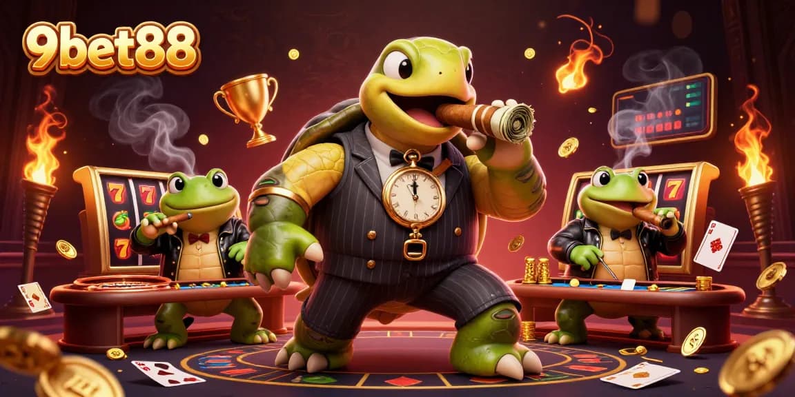 Immerse in thrilling casino action with 9bet88, featuring vibrant 3D visuals of slot games and casino tables.