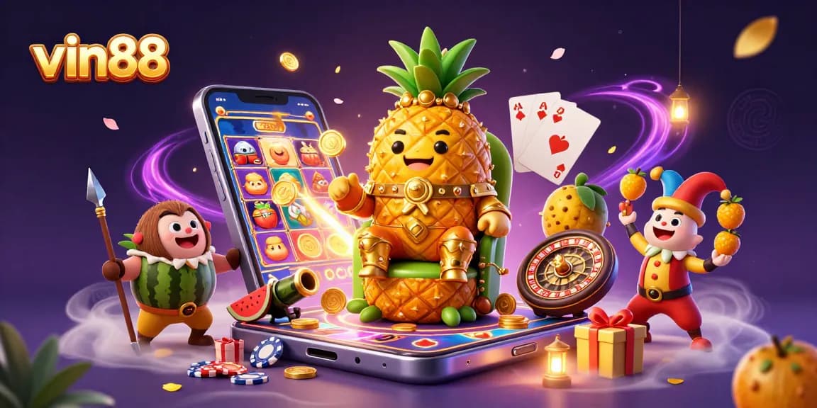 Experience the excitement of vin88 with the golden pineapple king and vibrant casino elements.