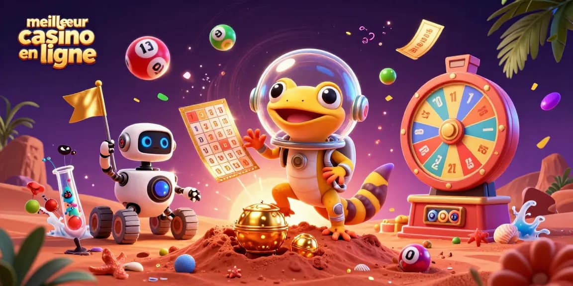 Visualisez le meilleur casino en ligne avec un gecko martien découvrant un trésor doré sur Mars.