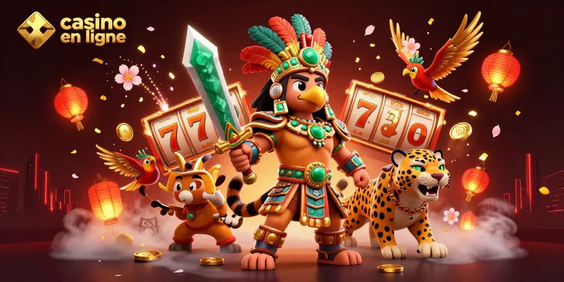 Découvrez l'univers captivant du casino en ligne avec des personnages dynamiques et des éléments de jeu autour.