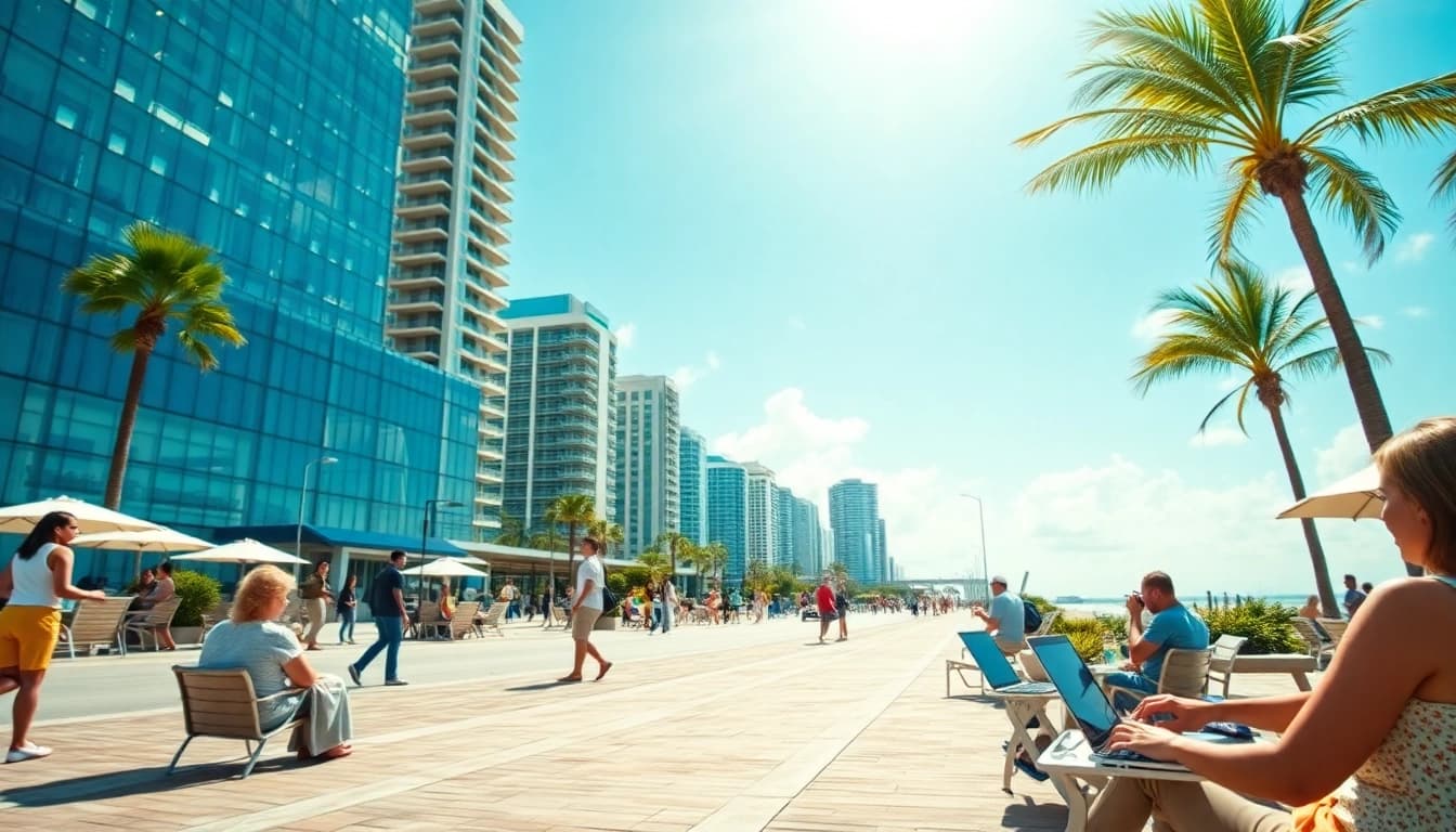 Clearwater FL SEO specialists analyzing online strategies amidst a vibrant city backdrop.