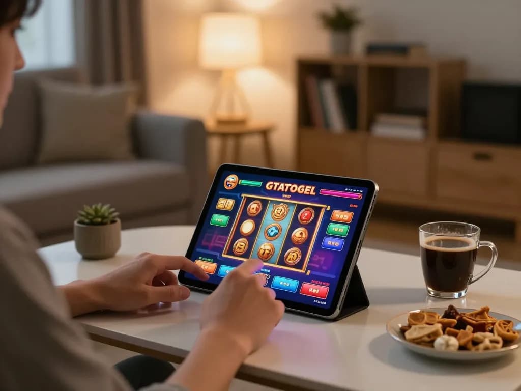 Engaging online GTATOGEL gameplay on a tablet in a cozy home setting with vibrant graphics.
