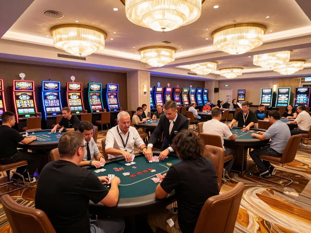 Players enjoying poker games at NHÀ CÁI MAX88 with vibrant casino ambiance