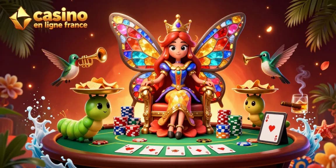Illustration dynamique montrant une reine papillon et des éléments de casino en ligne France, avec des cartes et des jetons
