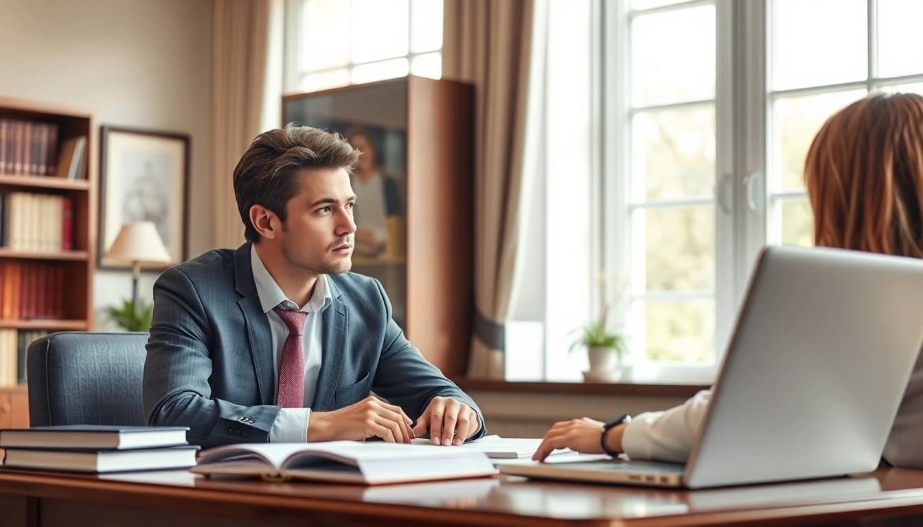 Consultation with a Birmingham Divorce Lawyer in an elegant office, showcasing professionalism.